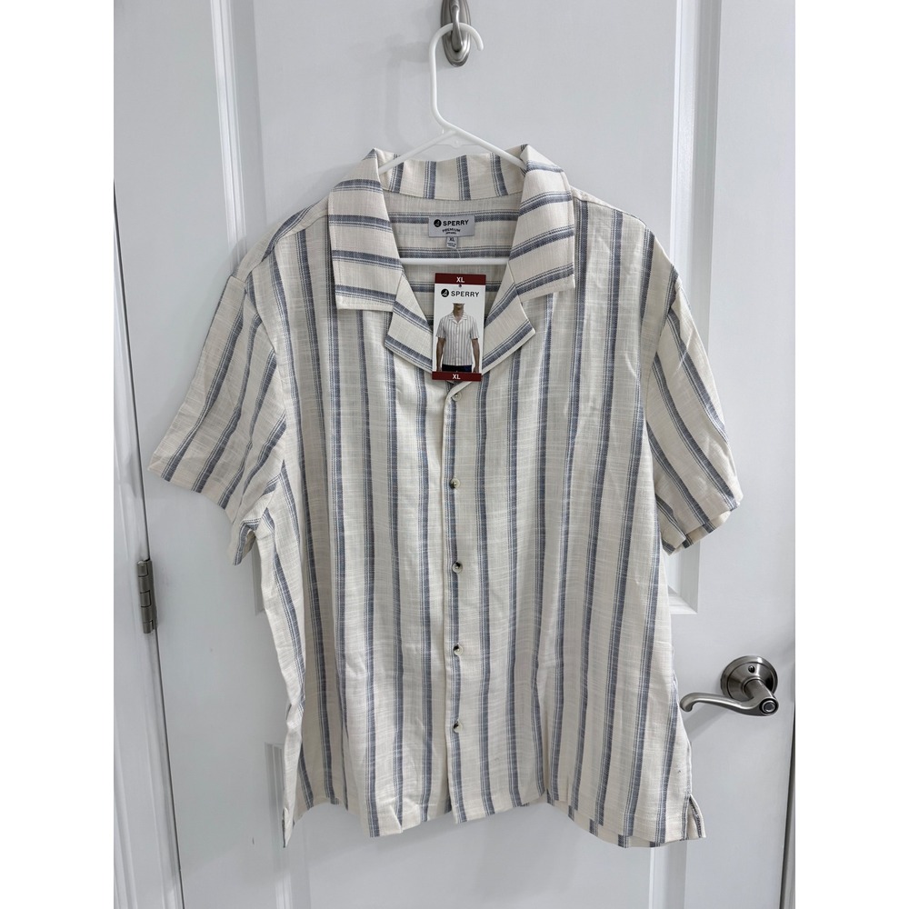 Sperry Mens XL Short Sleeve Striped Camp Collar Button Down Shirt White Blue
